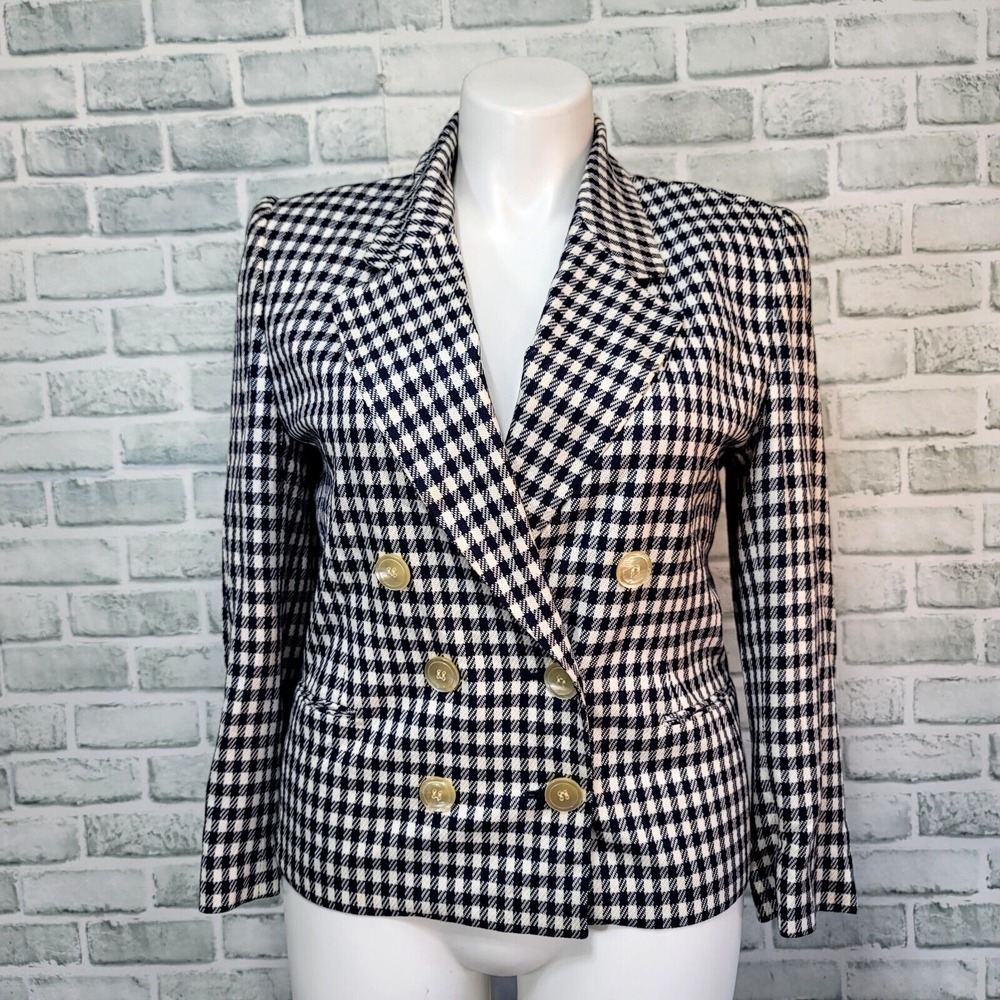 Vintage 90s JH Collectibles 10P Navy White Houndstooth Dbl Breasted Blazer